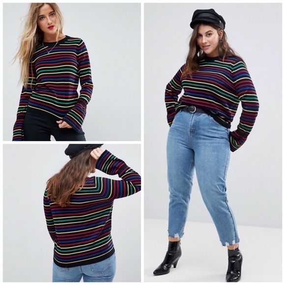 ASOS Curve Sweaters - [Asos] Rainbow Stripe Sweater Fluted Sleeves A0027